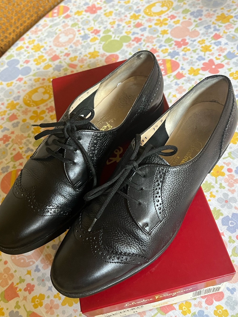 Salvatore Ferragamo Black Leather Wingtip Lace-Up Flats